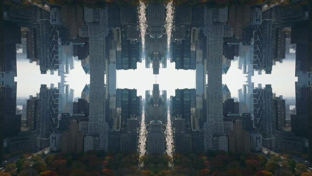 Downtown skyscrapers against light sky and autumn colour foliage on trees. Abstract computer effect digital composed footage
