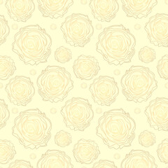 Abstract hand drawn wallpaper template with golden roses bud on light beige background. Pastel endless floral pattern. Textile, fabric, wrapping paper in continuous one line style. Flowers sketch