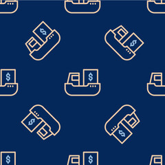 Line Cargo ship with boxes delivery service icon isolated seamless pattern on blue background. Delivery, transportation. Freighter with parcels, boxes, goods. Vector