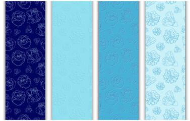 Collection of 4 blue endless patterns. Floral seamless wallpaper, texture, wrapping pattern, textile, fabric. Background with hand drawn blooming flowers.