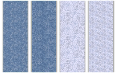 Collection of 4 blue and white patterns with flowers. Backgrounds with hand drawn roses in continuous line style.  Floral seamless print, wallpaper, texture, wrapping pattern, textile, fabric. 