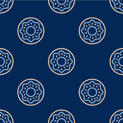 Line Donut with sweet glaze icon isolated seamless pattern on blue background. Vector