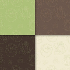 Set of 4 vintage seamless pattern with roses and peonies in one line style. Background with hand drawn flowers. Outline floral print that can be used as textile, fabric, wrapping paper, wallpaper. 
