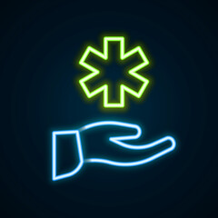Glowing neon line Cross hospital medical icon isolated on black background. First aid. Diagnostics symbol. Medicine and pharmacy sign. Colorful outline concept. Vector