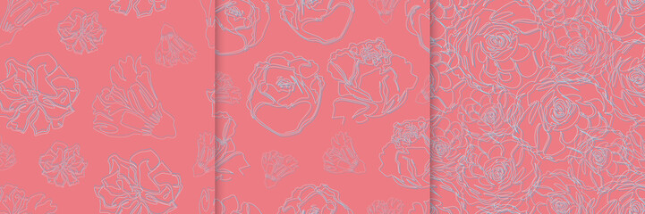 Collection of 3 bright pink endless patterns in sketch single line style. Floral seamless wallpaper, texture, wrapping pattern, textile, fabric. Vector background with hand drawn cyan flowers.