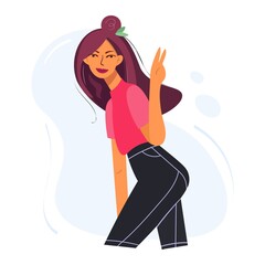 Cartoon character of a girl smiling and making a welcome gesture. Confident female character showing a cool gesture. Positive emotions and good mood. Vector isolated, flat style. Positive mood concept