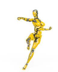 cyborg girl is doing a fighter pose on white background