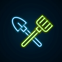 Glowing neon line Shovel and rake icon isolated on black background. Tool for horticulture, agriculture, gardening, farming. Ground cultivator. Colorful outline concept. Vector
