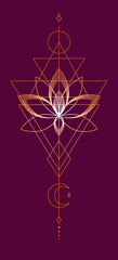 Abstract golden lotus flower with geometry on a burgundy background. Fashionable pattern for covers, logos, invitations. Vector illustration.