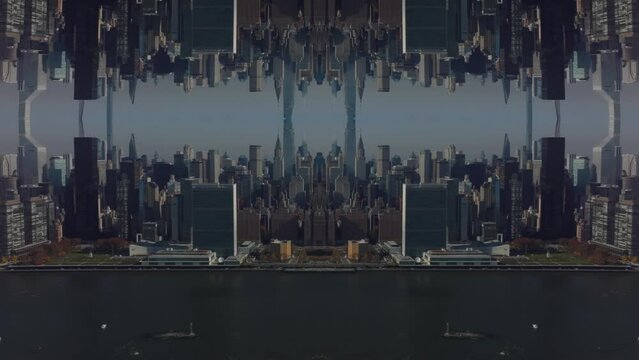 High rise office or residential buildings in urban borough at waterfront. Abstract computer effect digital composed footage