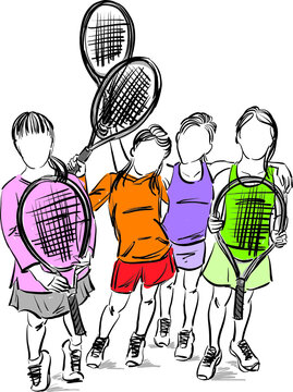 children learning playing tennis girls with rackets together vector illustration
