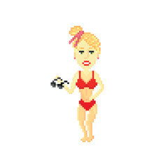 A girl in red bikini isolated on white background. Pixel art design. 8 bit logo for game. Character vector illustration. eps 10