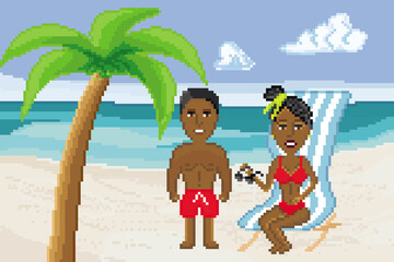 Obraz na płótnie Canvas Dark skinned man in red shorts with woman in red bikini, isolated on sunny beach with palm tree. Pixel art design. 8 bit logo for game. Character vector illustration. eps 10