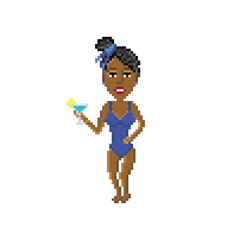 Dark-skinned woman in blue swimsuit, holding a summer cocktail isolated on white background. Pixel art design. 8 bit logo for game. Character vector illustration. eps 10