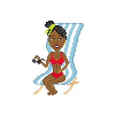 Dark-skinned man in red shorts with dark-skinned woman in red bikini holding sunglasses in the hand and sitting on deck chair isolated on sunny beach with palm tree.Pixel art design. 8 bit logo for ga