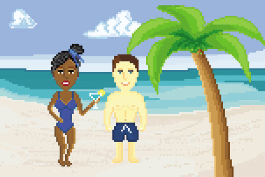 A man in blue shorts with dark-skinned woman in blue swimsuit holding a cocktail, isolated on sunny beach with palm tree. Pixel art design. 8 bit logo for game. Character vector illustration. eps 10