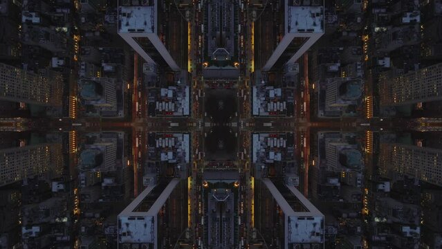 Top down shot of streets and building blocks in urban borough. High angle view of metropolis at night. Abstract computer effect digital composed footage