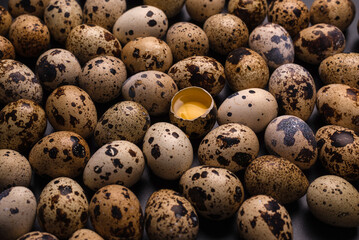 Group of quail eggs as a background. Raw eggs. - obrazy, fototapety, plakaty