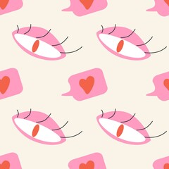 Cool pattern, cartoon cute style, eye and heart, like. Seamless background.