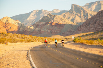 bikers on a desert road with colorful red rocks