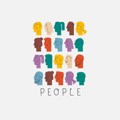 Vector illustration of people in profile isolated on white background. Cute unrealistic men and women of different skin colors and with a variety of hairstyles.