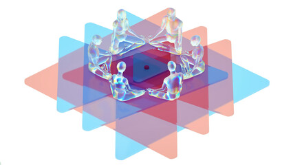 3d illustration of a meditative group made of translucent material on the background of Sri yantra
