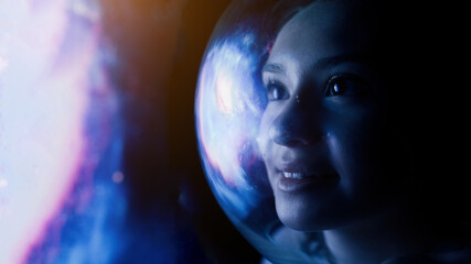 Concept: space expedition. Portrait Female astronaut in space on planet orbit                           