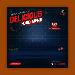 Spicy and delicious food menu social media post design template for restaurant or fast food business  