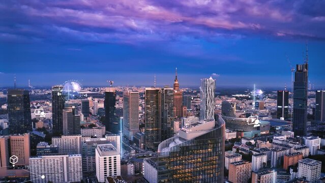 Amazing aerial panoramic hyperlapse shot of modern urban borough at twilight. Clouds moving and changing colour above city. Added visual effects. Warsaw, Poland