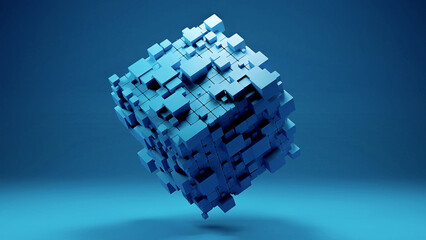 Big Cubic Data Block Made With Smaller Blue Cubes 3d Pixel Style Vector Illustration Stock Illustration