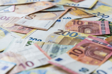 Closeup of different Euro cash banknotes