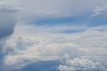 Natural background of fluffy white clouds on blue sky 