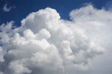 Naklejka na ściany i meble Natural background of white cumulus clouds on blue sky 
