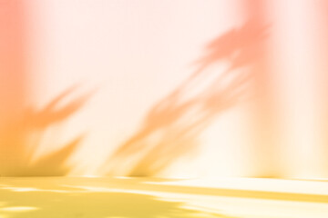 Abstract gradient orange studio background for product presentation. Empty room with shadows of window and flowers and palm leaves . 3d room with copy space. Summer concert. Blurred backdrop.
