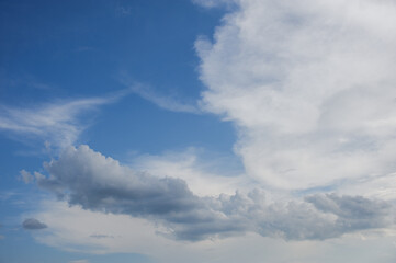 Scenic view of blue sky with white cumulus clouds, natural background