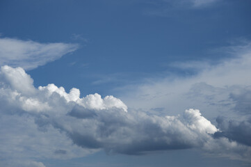 Scenic view of blue sky with white cumulus clouds, natural background