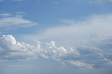 Scenic view of blue sky with white cumulus clouds, natural background