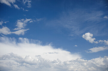 Scenic view of blue sky with white cumulus clouds, natural background