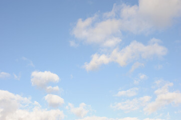 Scenic view of blue sky with white cumulus clouds, natural background