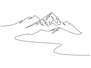 Fototapete Eine Linie Mountains landscape view. Continuous one line drawing.