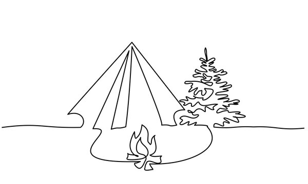 recommend clip art: Tourist tent with fire and pine tree. Continuous Single one line