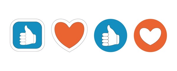 Thumb up and heart icon. Vector like and love icon. Ready like and love button for website and mobile app.