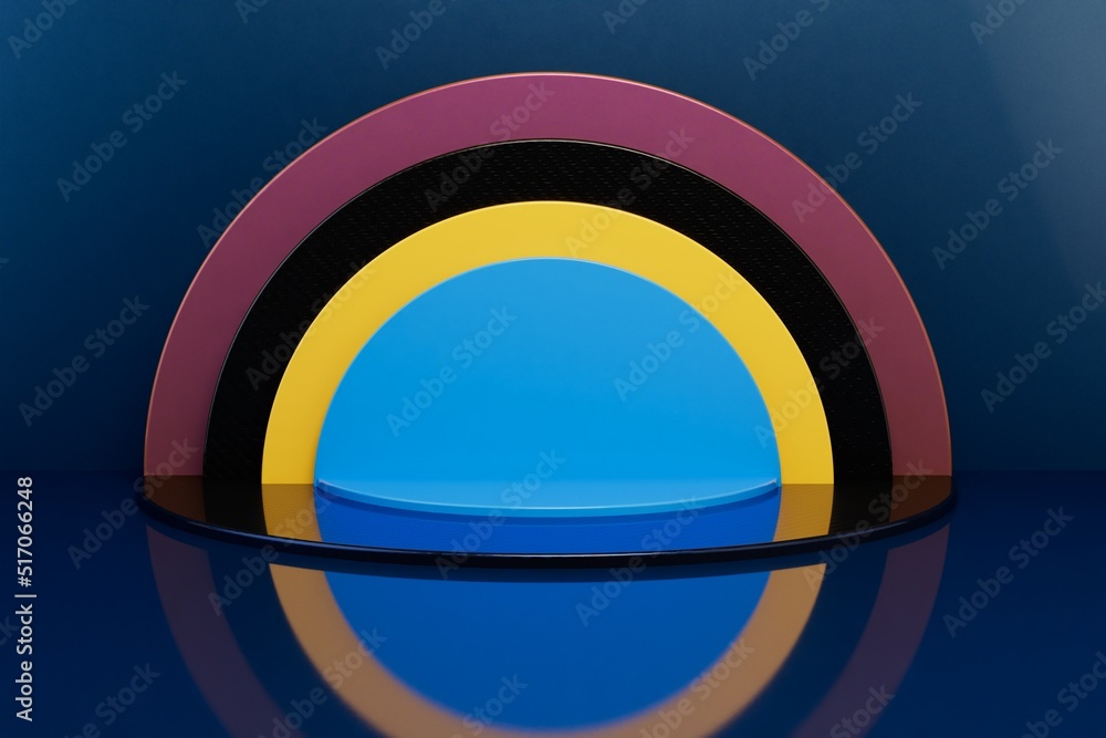 Poster abstraction. multi-colored arch with reflection for product placement or advertising text on a dark 