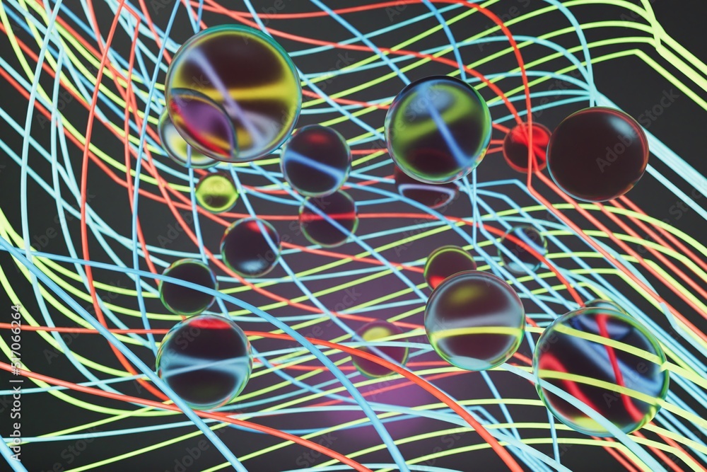 Poster abstraction. illuminated multicolored neon lines. rays of neon light. neon multicolored waves with p