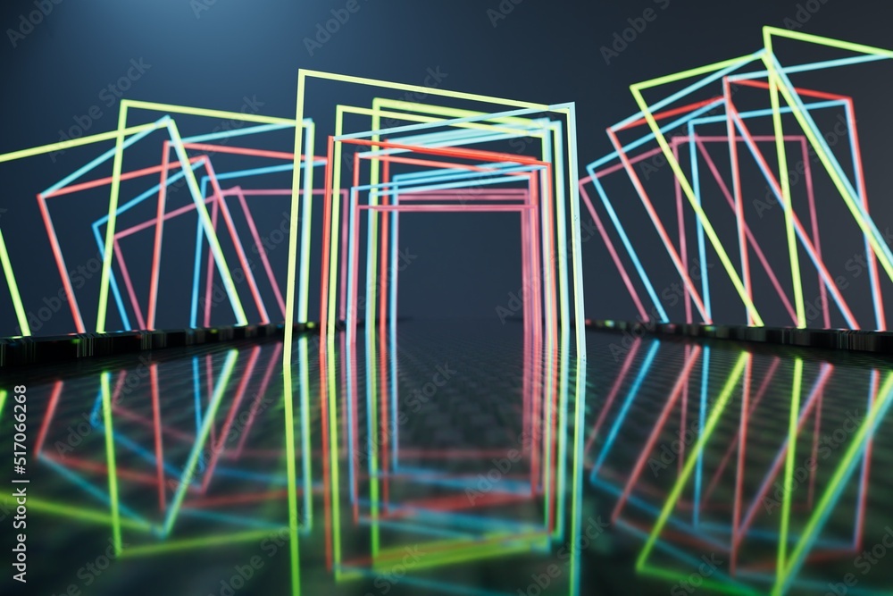 Poster abstraction. illuminated multi-colored neon rectangles and other geometric shapes on a dark backgrou
