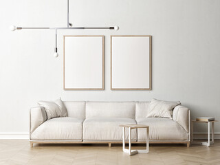 Mock up poster, white sofa, living room mock up, 3d render, 3d illustration.