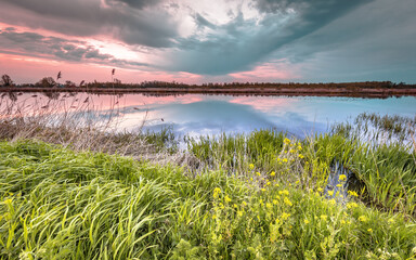 Wetland landscape Giethoorn at sunset