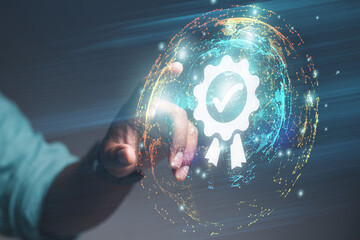 Businessman working with protection systems for quality assurance symbols, standards, ISO certification and technology standards concepts.