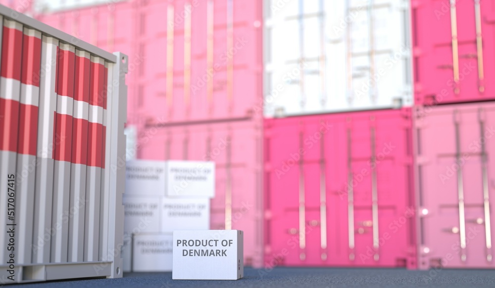Poster box with product of denmark text and cargo containers. 3d rendering