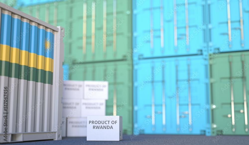 Aufkleber carton with product of rwanda text and many containers, 3d rendering